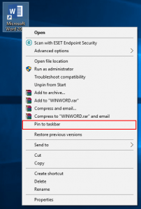 pin application shortcut to taskbar windows 10